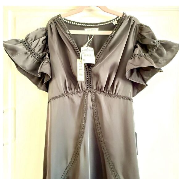 NWT Max Studio Flutter Sleeve Satin Midi Dress in Black. Size XS - Picture 12 of 14